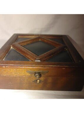 Wooden Jewelry Box Vintage Keepsake Geometric Inlay Divided Interior Made Japan